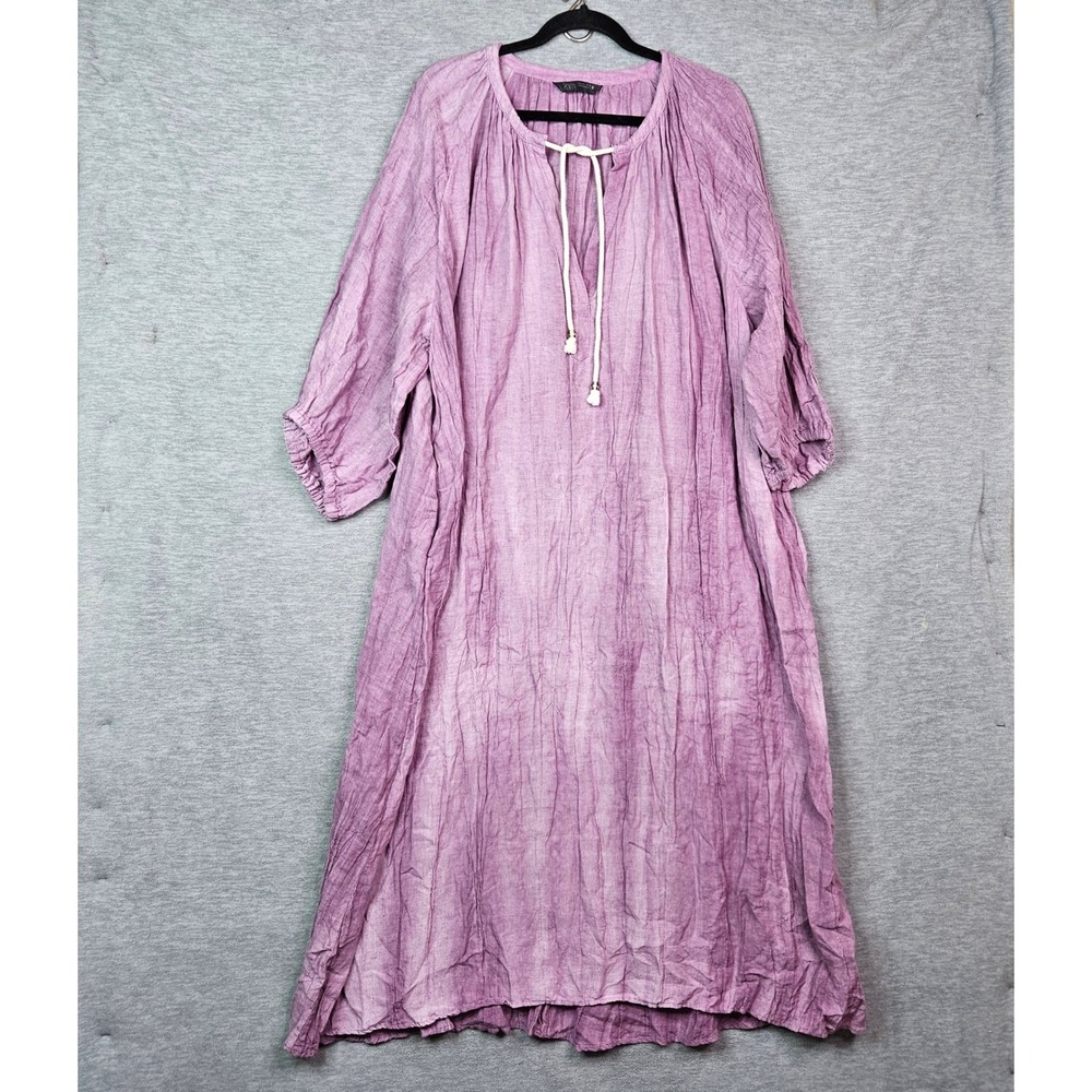 Zara Women Tie Dye Linen Maxi Dress Oversized Tassel Tie Boho Mauve Sz L